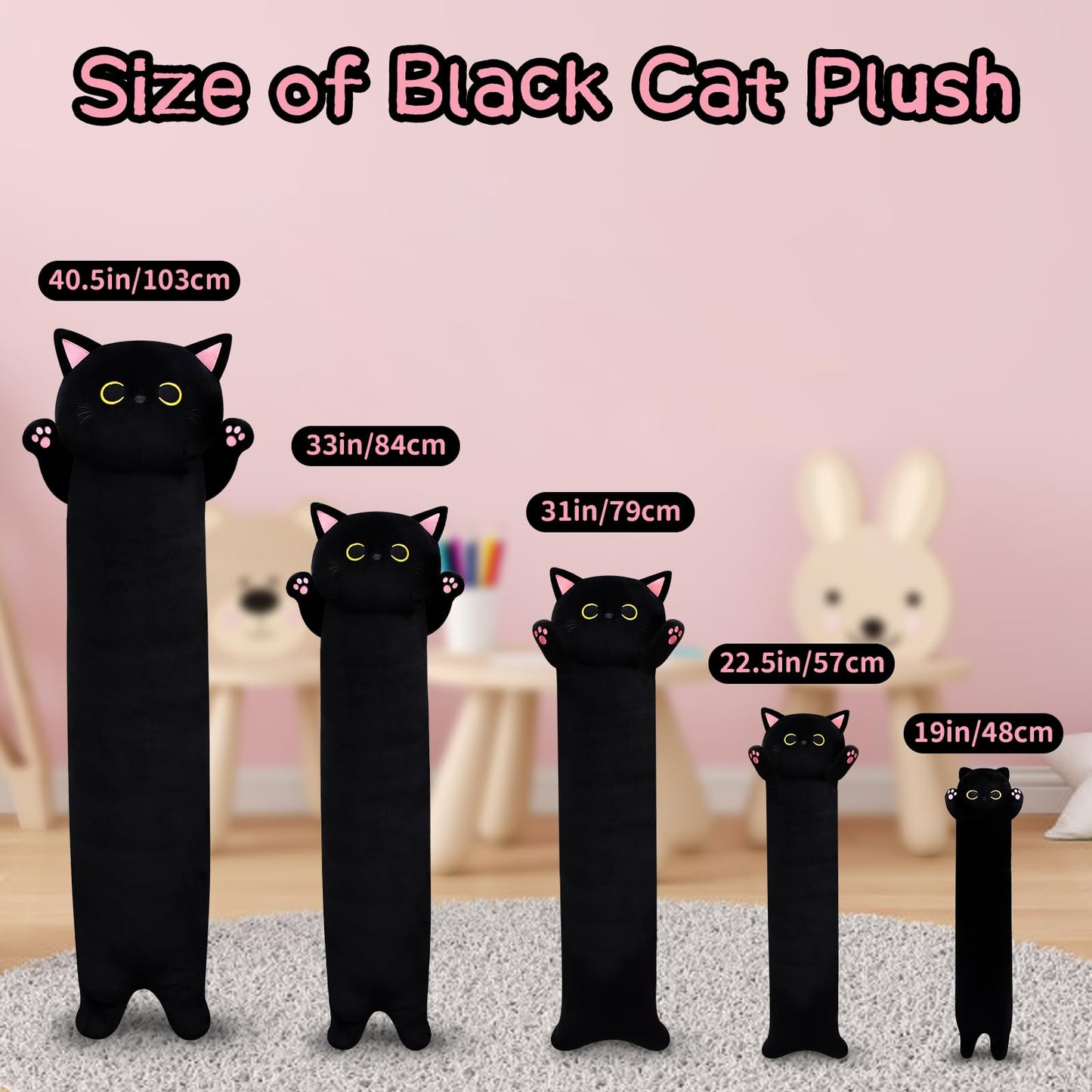 MUFEIRUO Long Black Cat Plush Pillow – 40.5-Inch Kawaii Cat Throw Pillow