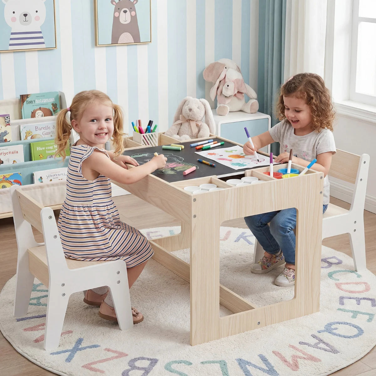 Multifunctional Kids Table and 2 Chairs Set with Whiteboard-Gray & White