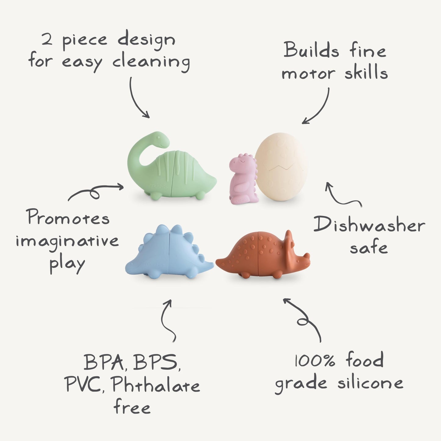 Mushie Dino Bath Toys Play Set – 100% Food Grade Silicone, Mold Free (Pack of 5)