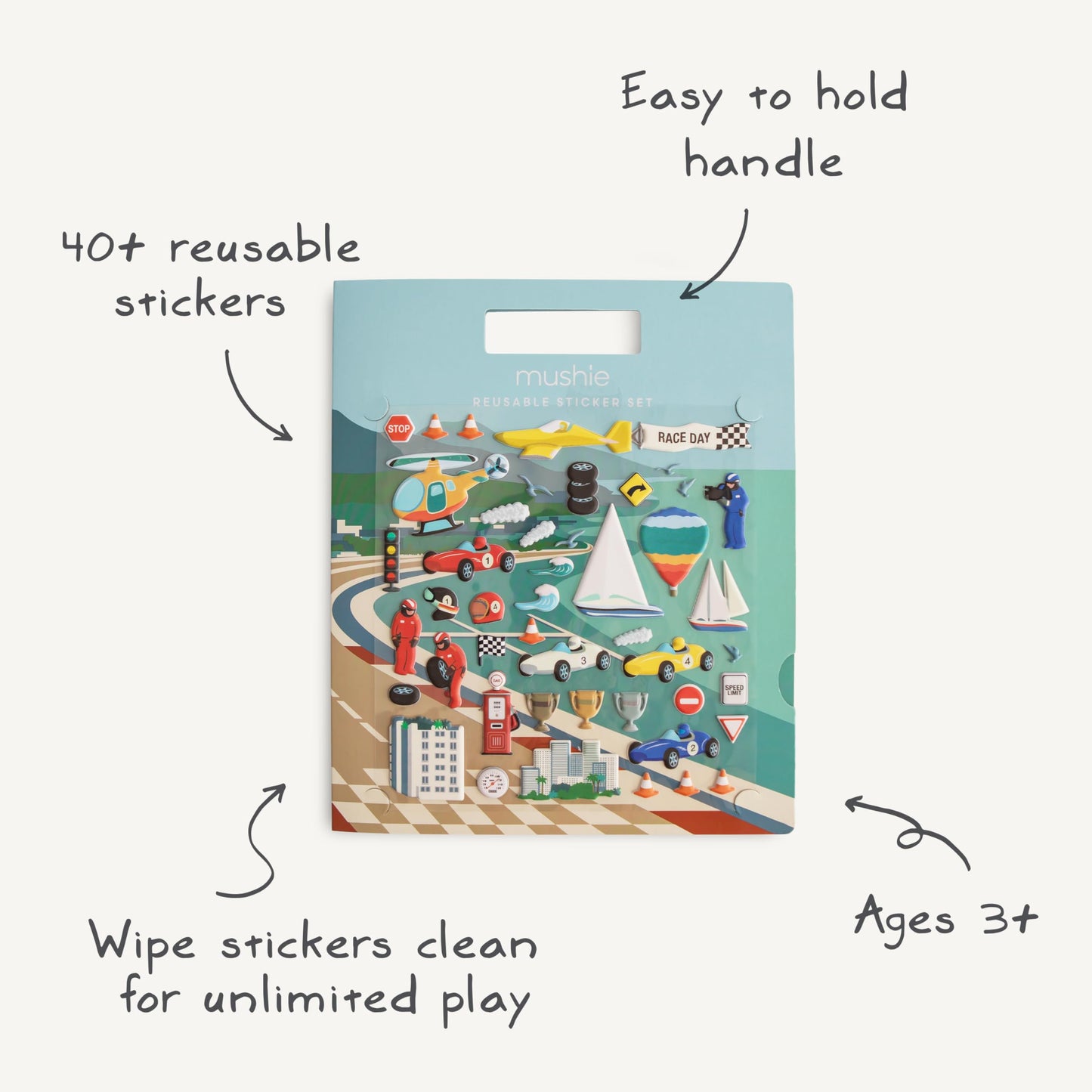 mushie Reusable Sticker Book Set (Race Cars) | 100+ Removable Puffy Stickers | Arts & Crafts Activity for Kids | Ages 3+