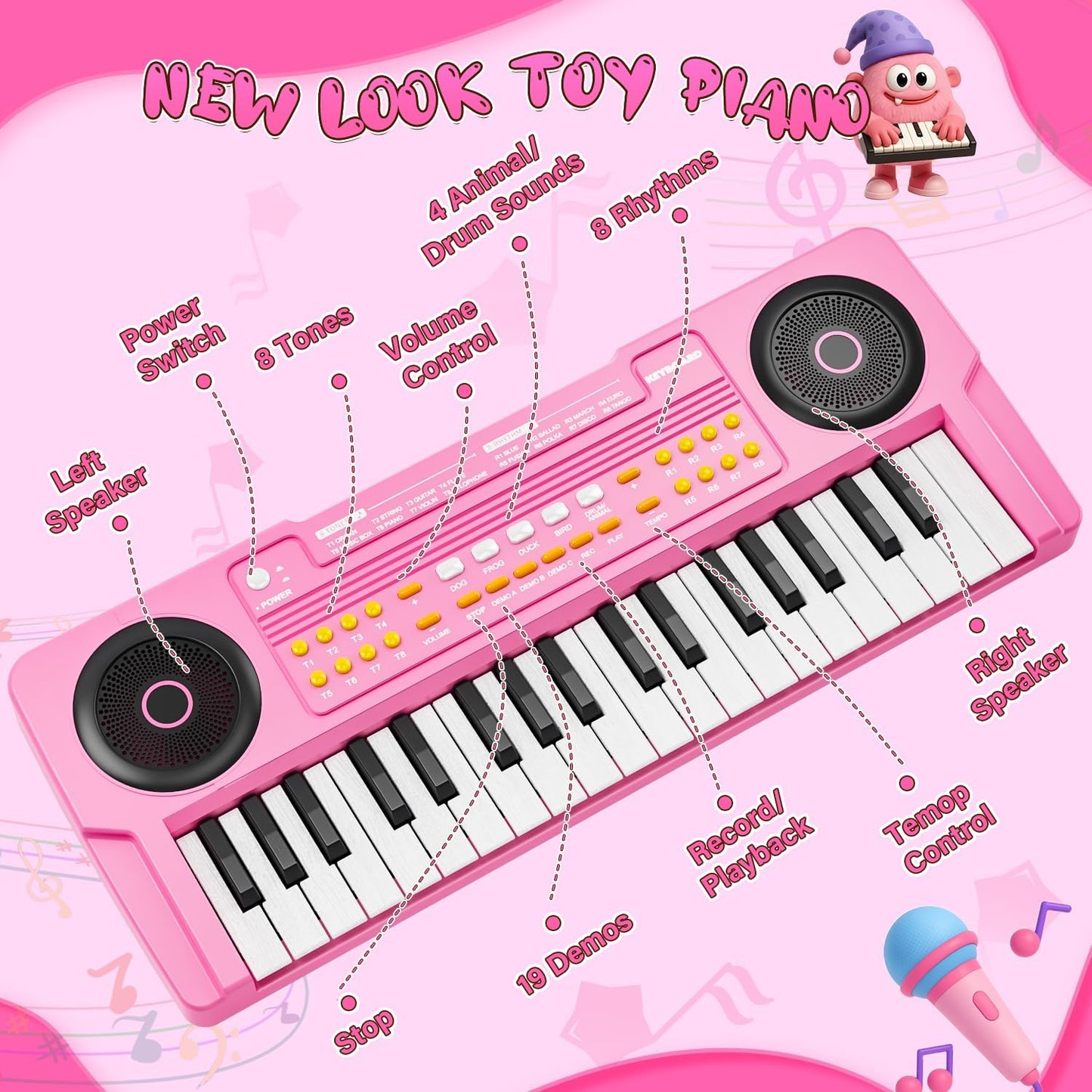 MusicForset Upgraded 37-Key Kids Piano Keyboard with Microphone – Pink