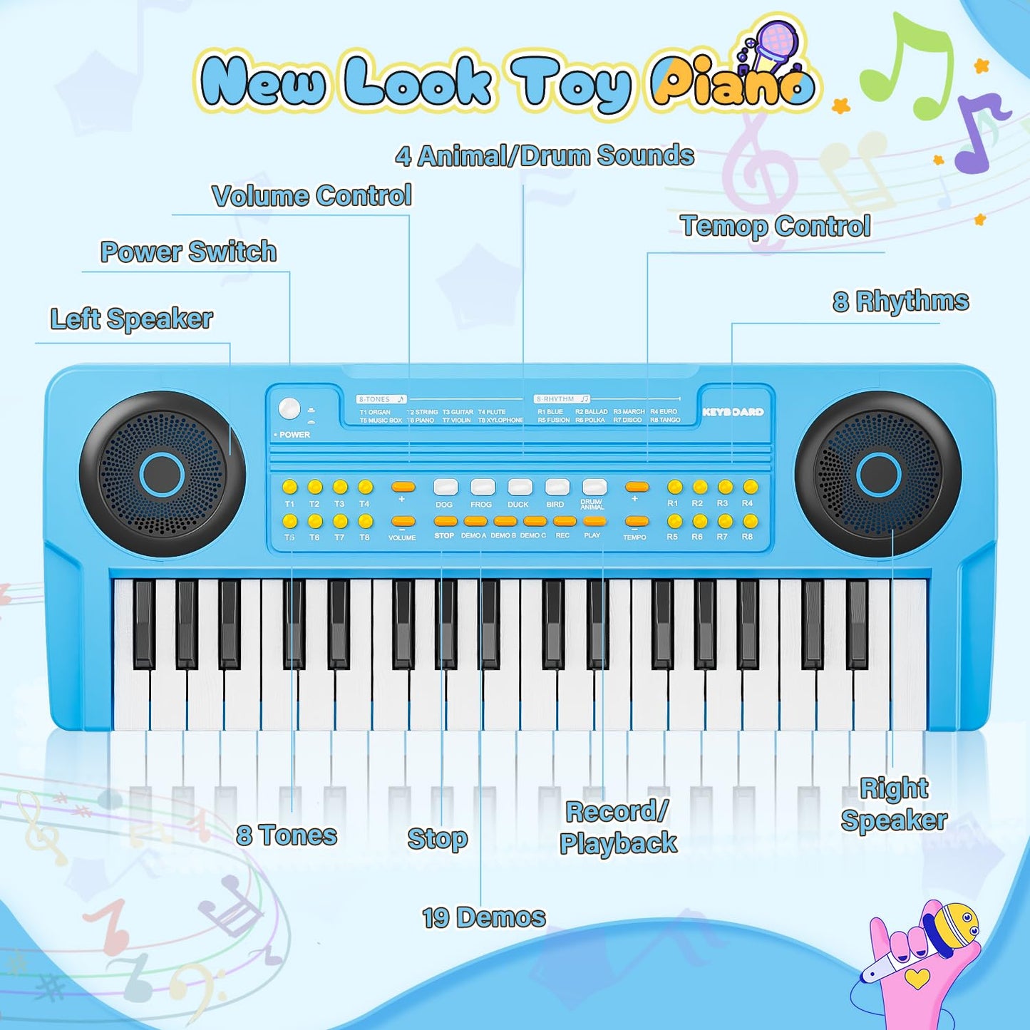 MusicForset Upgraded 37-Key Kids Piano Keyboard – Portable Blue Music Toy with Microphone