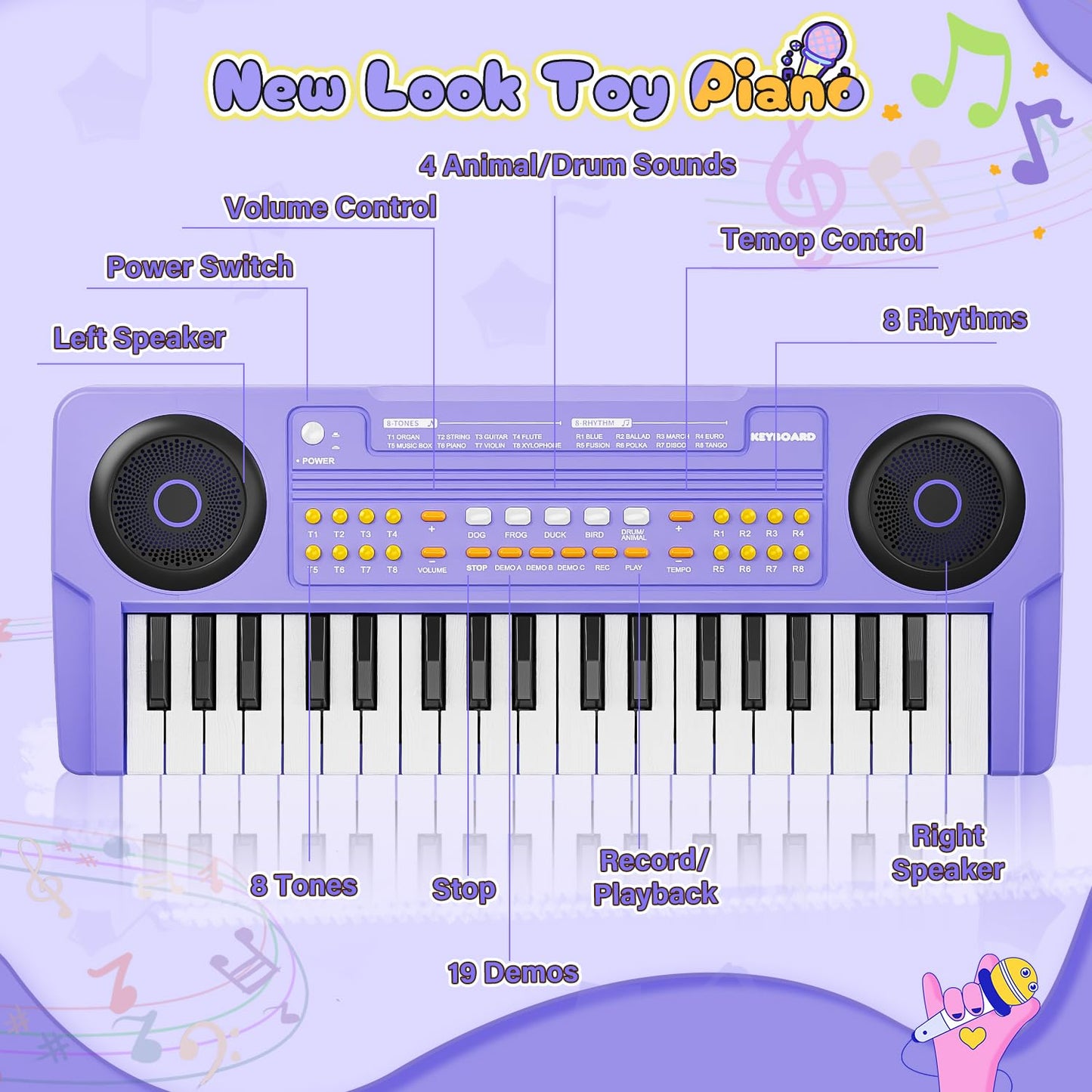 MusicForset Upgraded 37 Keys Kids Piano Keyboard – Portable Purple Toy with Microphone