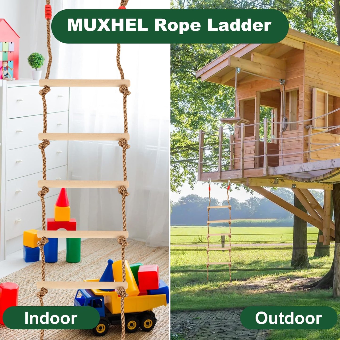 MUXHEL 6.5ft Climbing Rope Ladder for Kids – Wooden Rope Ladder for Treehouse & Swing Set