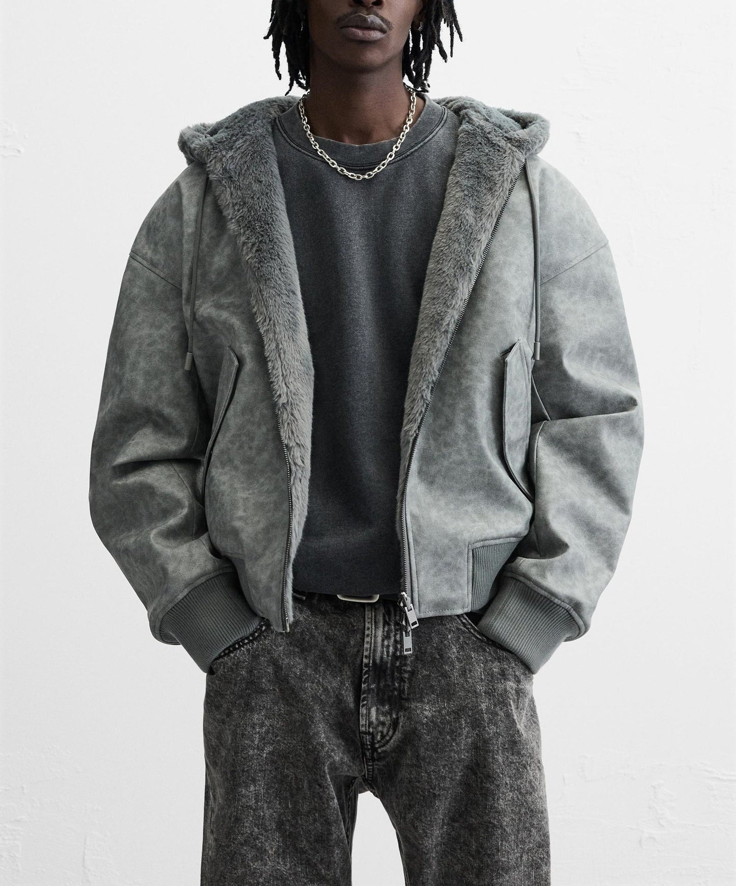 Men's Double-Sided Faux Leather Hooded Bomber Jacket