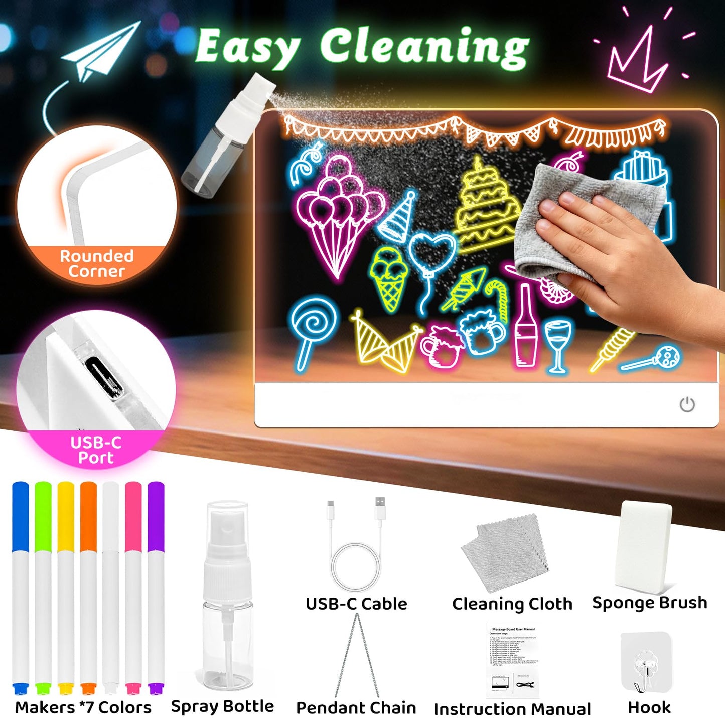 NanoMin Rechargeable LED Drawing Board for Kids – 11 Colors, Easy Clean, 6-Hour Glow, Ages 3–10