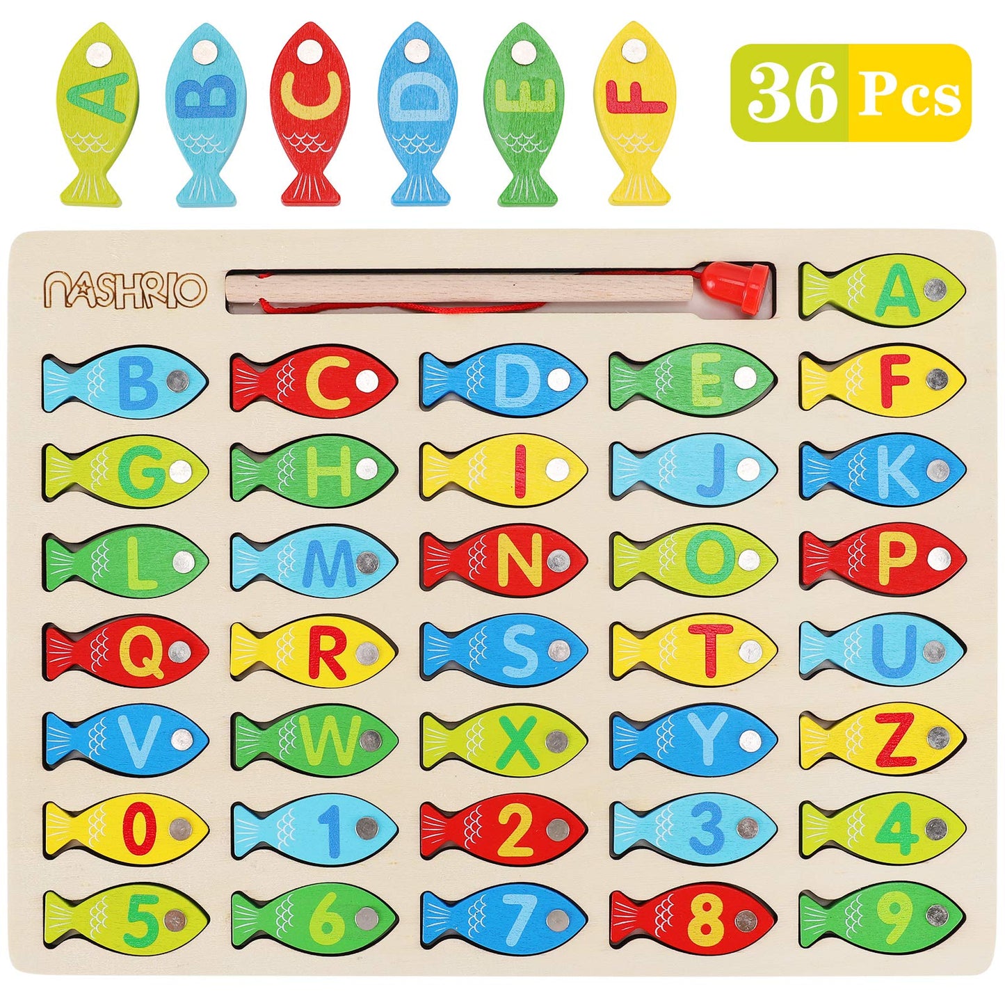 NASHRIO Magnetic Wooden Fishing Game for Toddlers — ABC & Numbers Learning Toy
