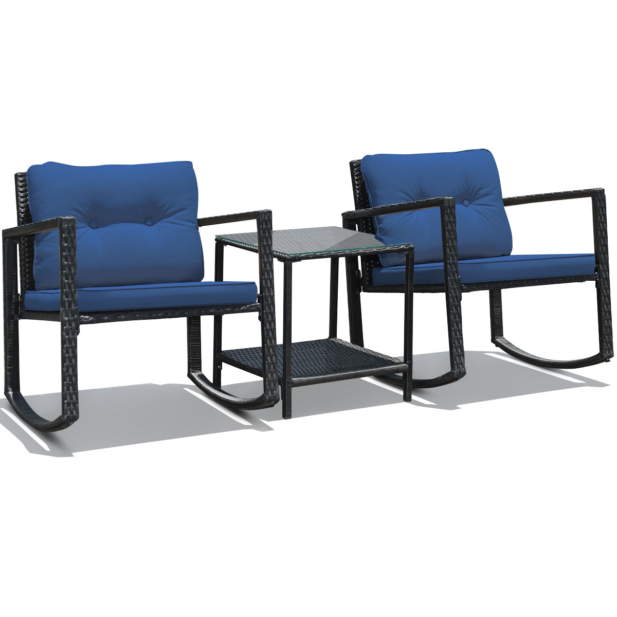 3 Pieces Outdoor Rocking Bistro Set PE Rattan with Cushions-Beige