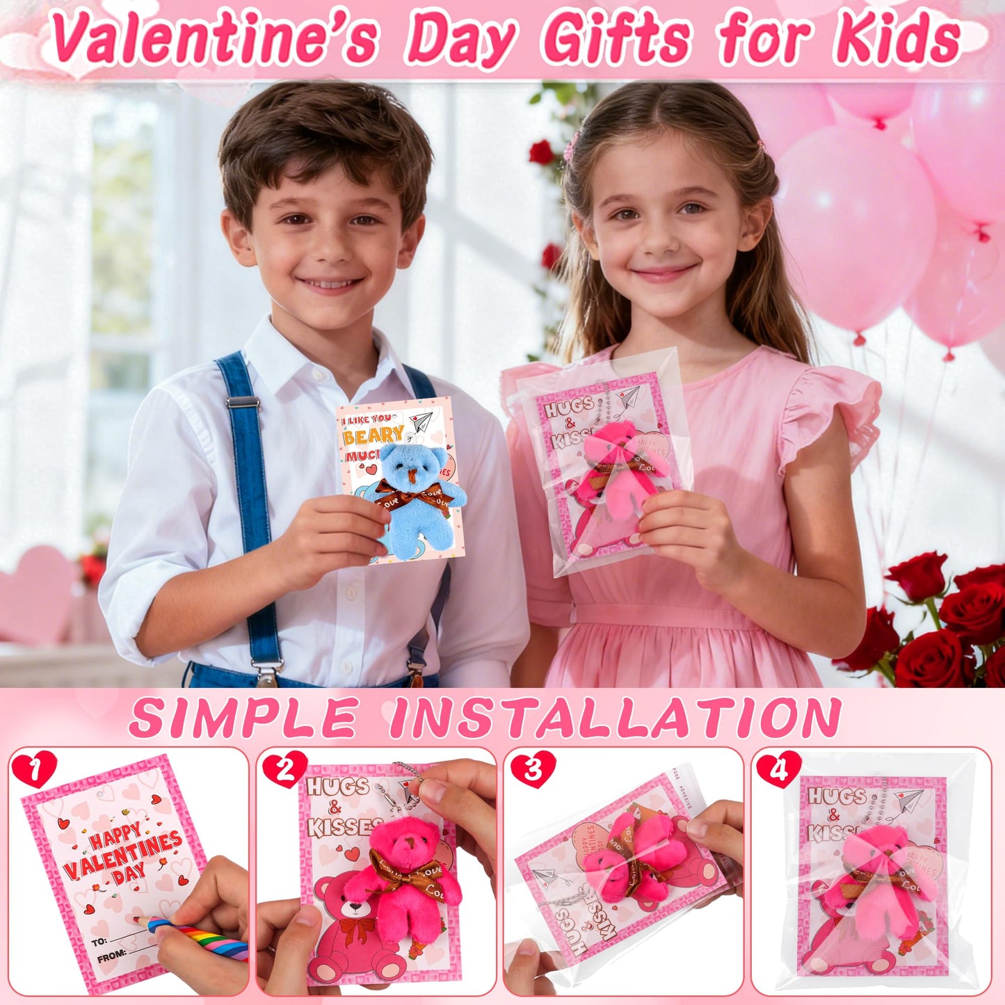 NAWITDA 28 Pack Valentines Day Cards & Mini Plush Bear Keychains – Classroom Gifts & Party Favors