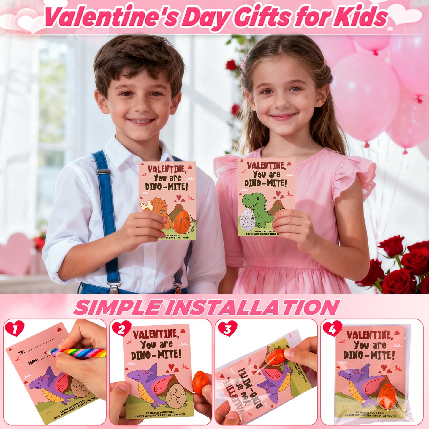 NAWITDA 28-Pack Valentines Day Cards with Dinosaur Egg Hatching Toys – Classroom Gifts for Kids