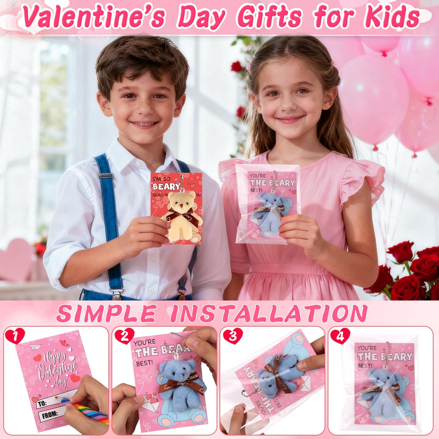 NAWITDA 28-Pack Valentines Day Cards with Mini Plush Bear Keychains – Classroom Gifts & Party Favors