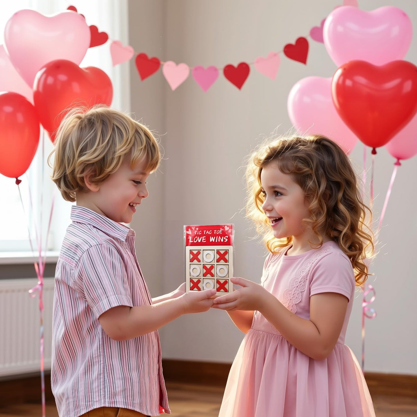 NAXYAN Valentines Day Cards for Kids – 24 Pack Classroom Gifts with Wooden Tic Tac Toe