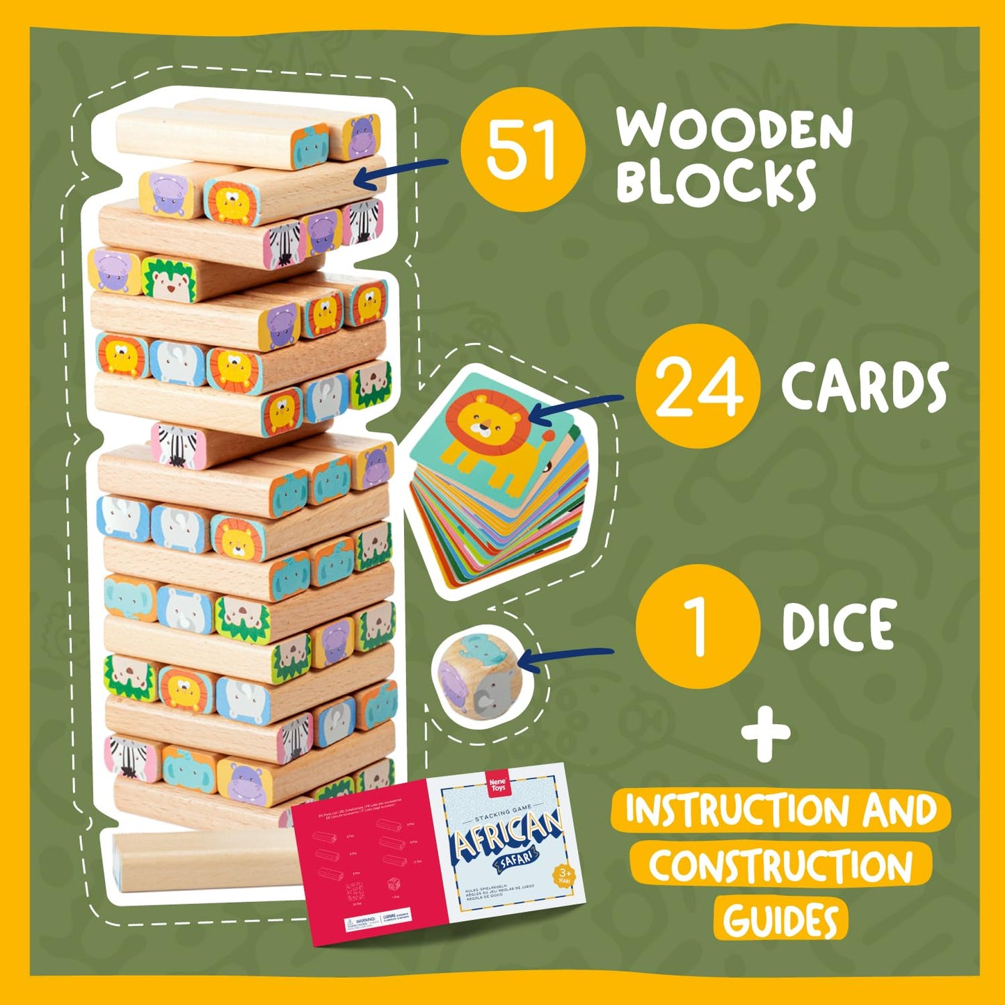 Nene Toys Wooden Block Stacking Game – 4-in-1 Safari Family Board Game