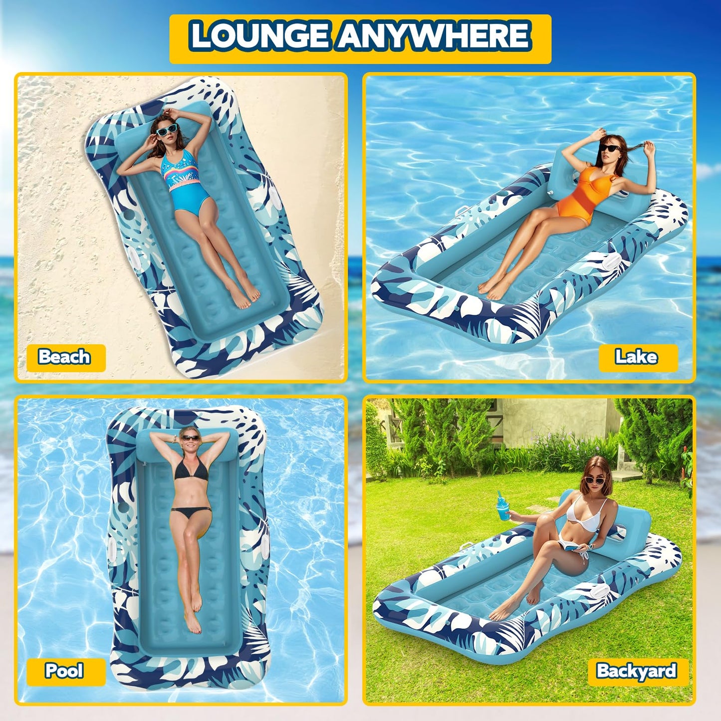 Nenrsl Pool Floats Adult 76x48 XL Lounger with Pillow — 4-in-1 Suntan Tub