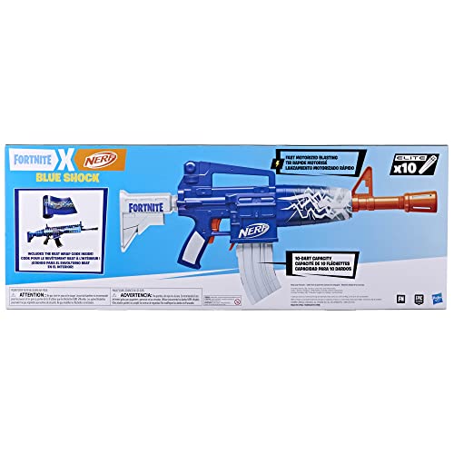 Nerf Fortnite Blue Shock Blaster – 10-Dart Clip, Motorized Blasting, Beat Wrap Code