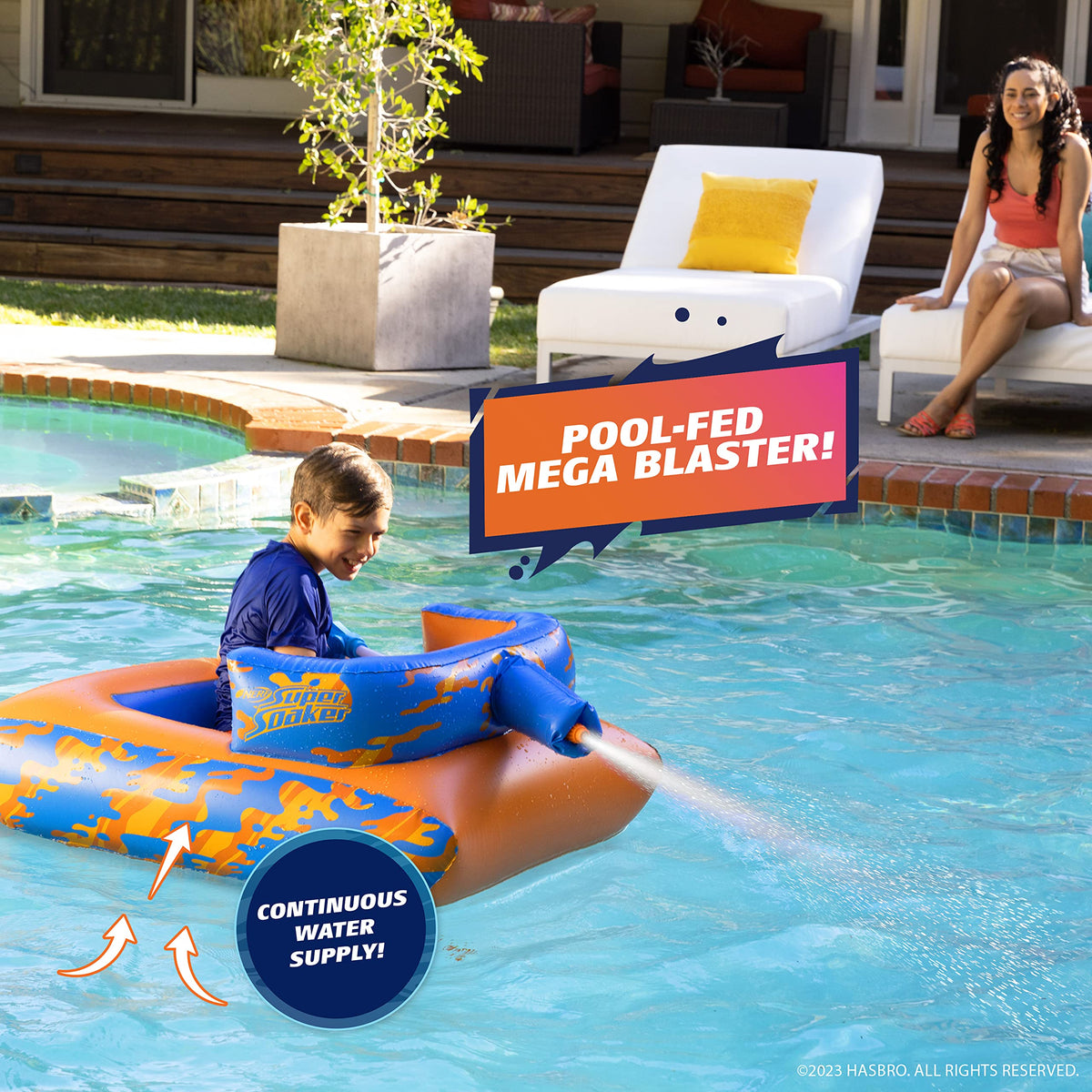 NERF Megaforce Battle Tank Ride-On – Inflatable Pool Float with Pool-Fed Mega Water Blaster