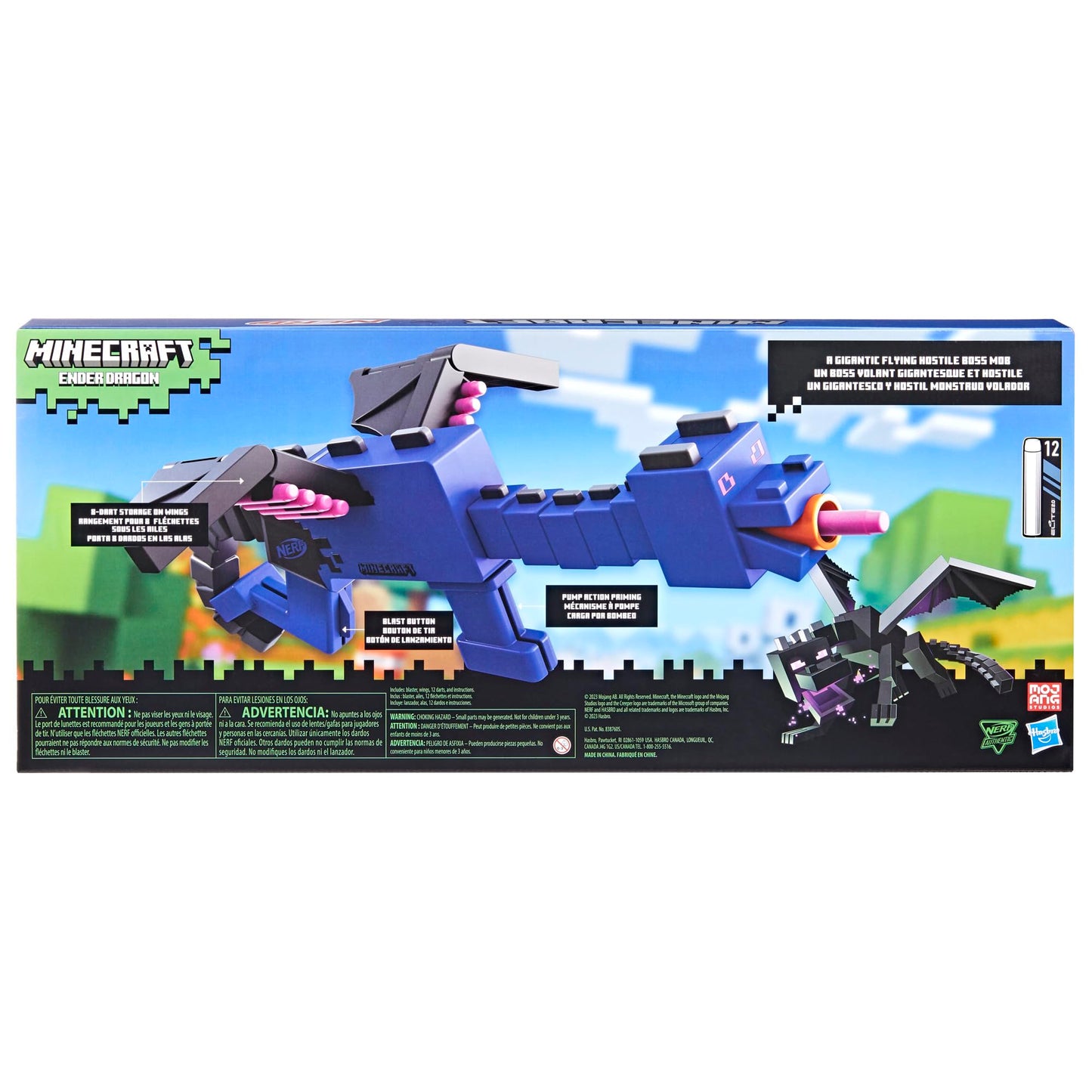 Nerf Minecraft Ender Dragon Blaster – 4-Dart Clip, 12 Darts, Wing Storage