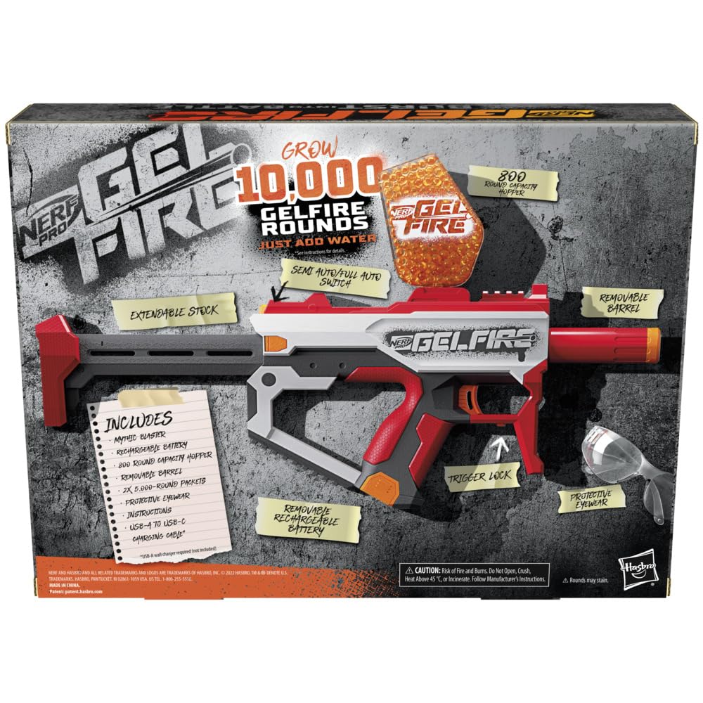 Nerf Pro Gelfire Mythic Full Auto Blaster – 10,000 Rounds, 800-Hopper, Rechargeable Battery