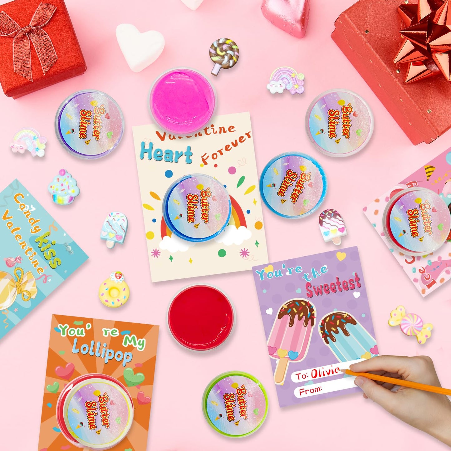 NESTALK Valentines Day Gifts for Kids: 28 Butter Slime Cards & Classroom Prize Kit