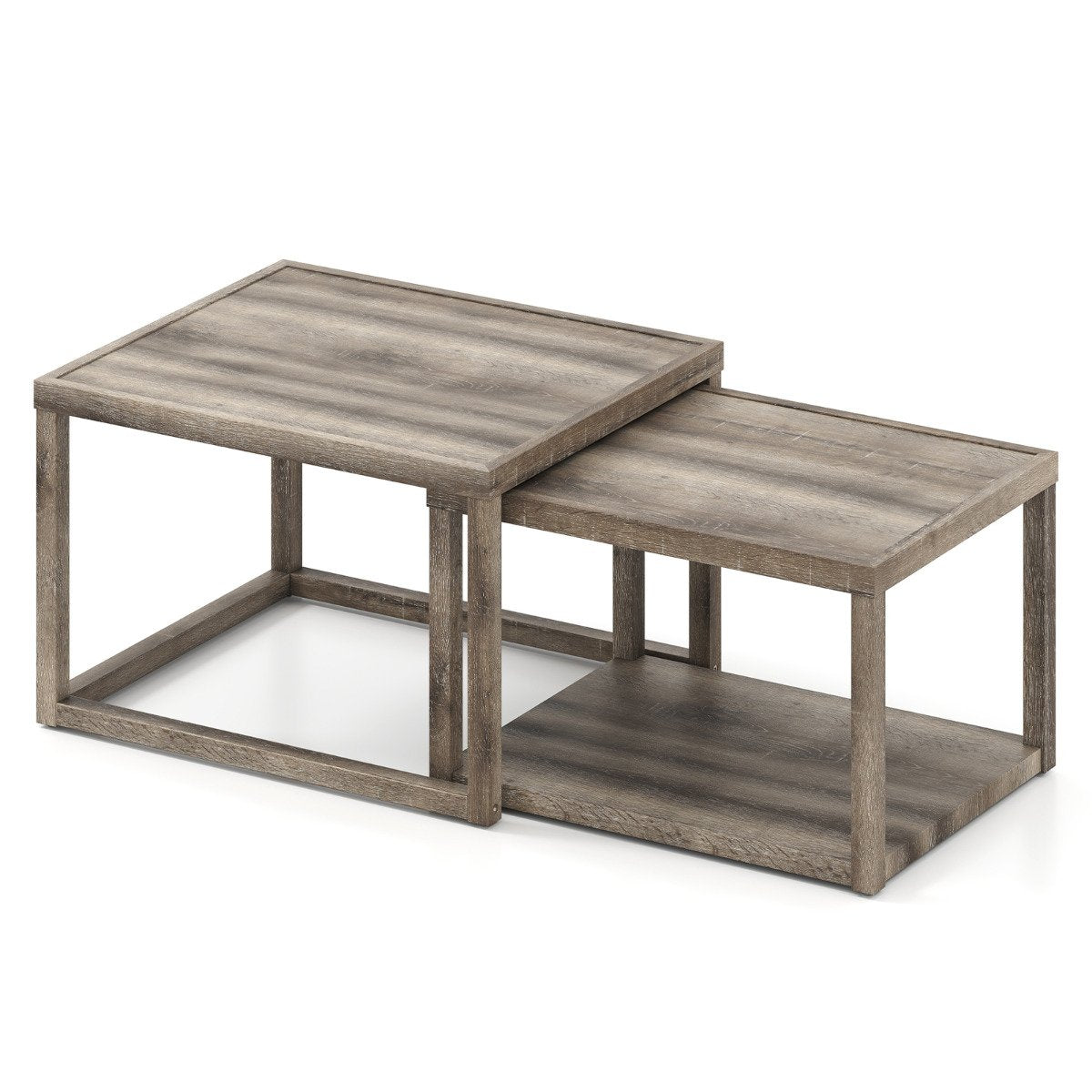 Nesting Coffee Table Set of 2 with Storage Shelf and Rubber Wood Frame-Grey