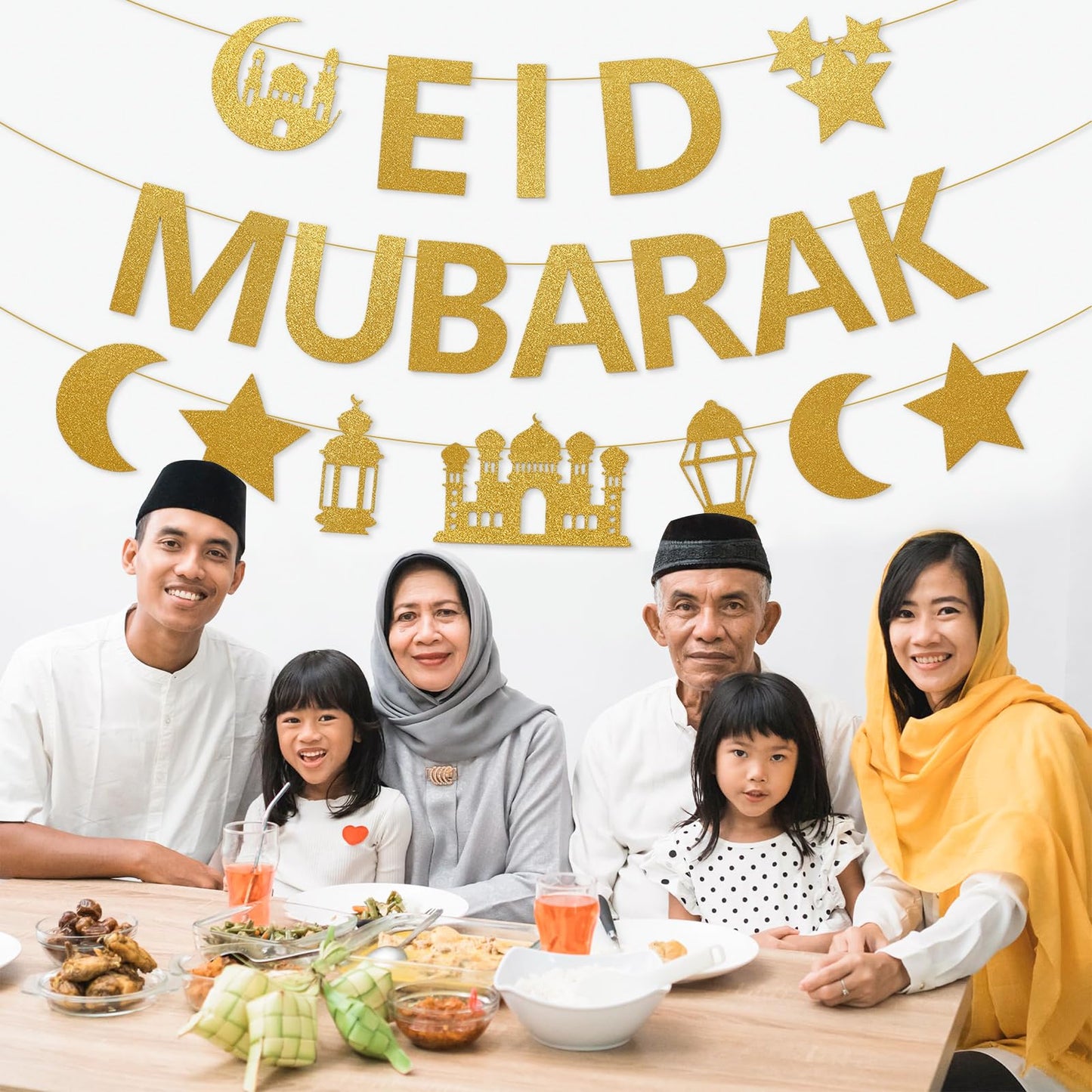 Netnology Eid Mubarak Banner - 10ft Gold Glitter Moon Star Mosque, No DIY Required