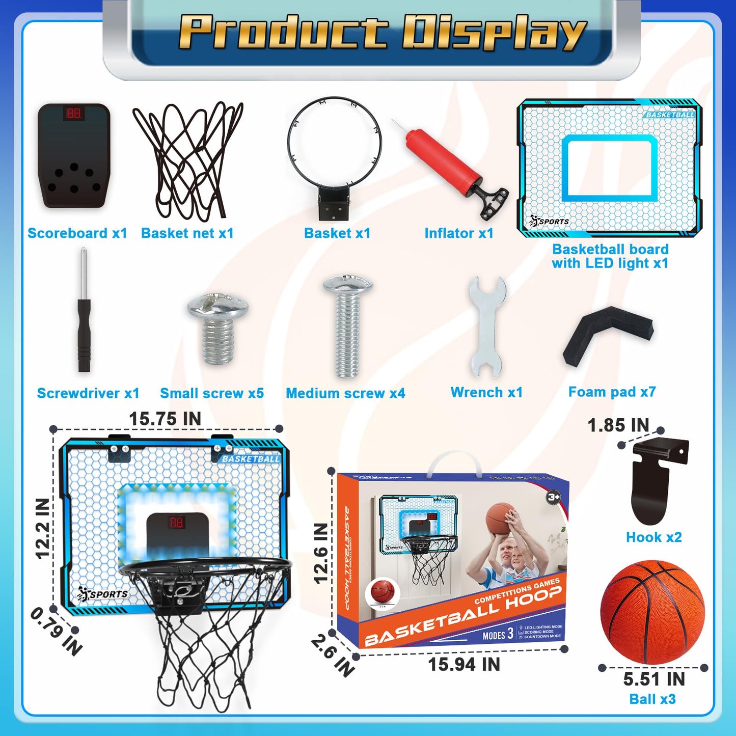 NEUBSAW Indoor Basketball Hoop with LED Lights - Door-Hanging Mini Hoop