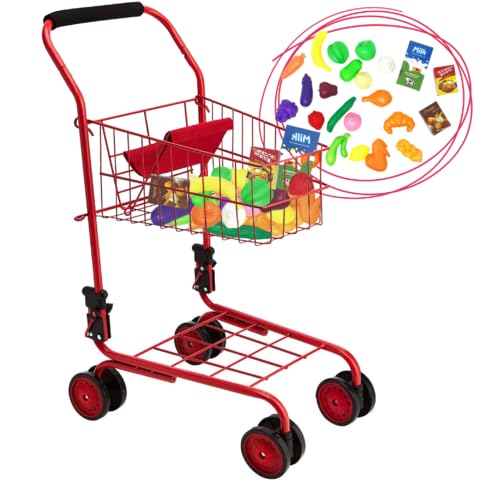 The New York Doll Collection Toy Shopping Cart for Kids – Red with Food, Folds for Easy Storage