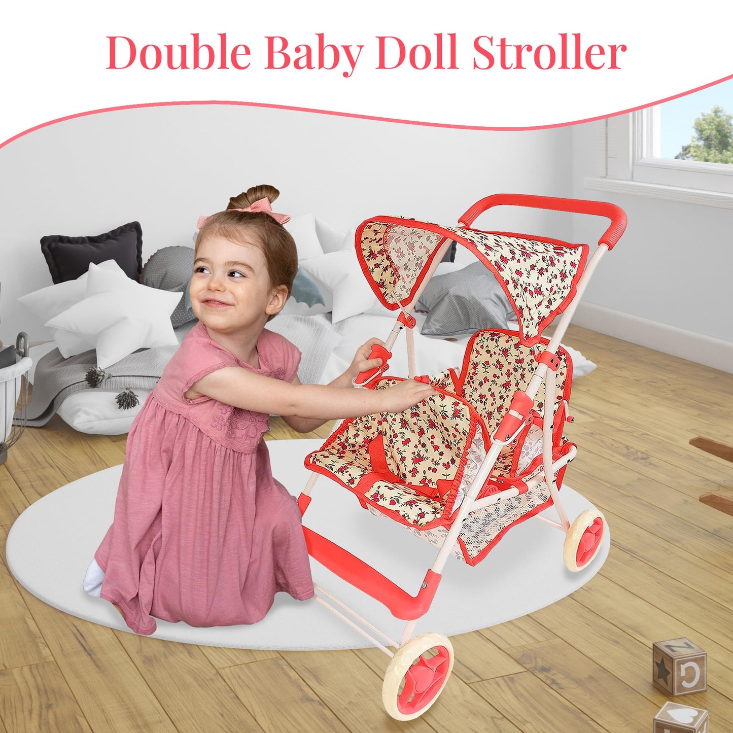 New York Doll Collection Double Doll Stroller – 25-Inch Floral Tandem for Twins