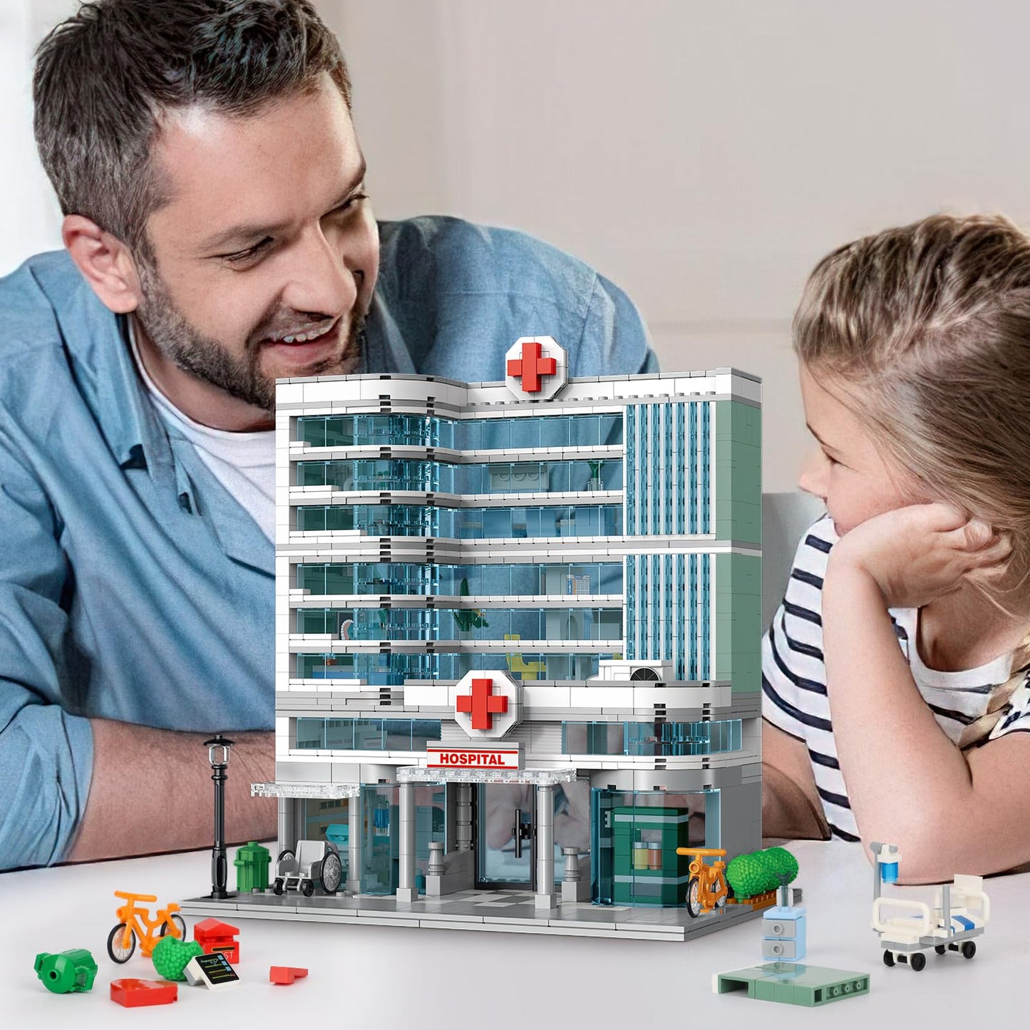 NEWABWN City Hospital Toy Building Set with LED Lighting – 3-Story Modular Build, LEGO-Compatible (1350 Pieces)
