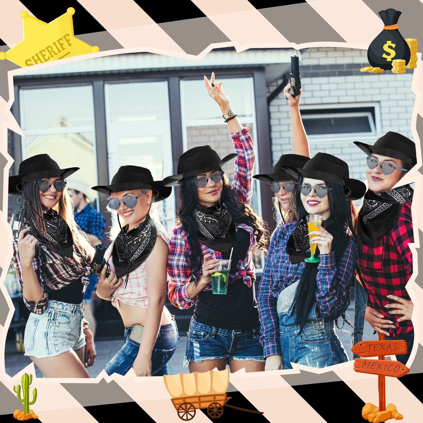 Newcotte 18-Piece Western Cowboy Hat Set — 6 Hats, 6 Bandanas, 6 Heart Sunglasses (Black)