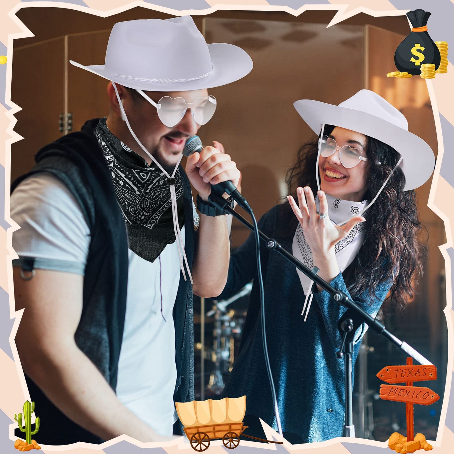 Newcotte 18 Pcs Western Cowboy Hat Set – White Hats, Paisley Bandanas & Heart Sunglasses for Parties