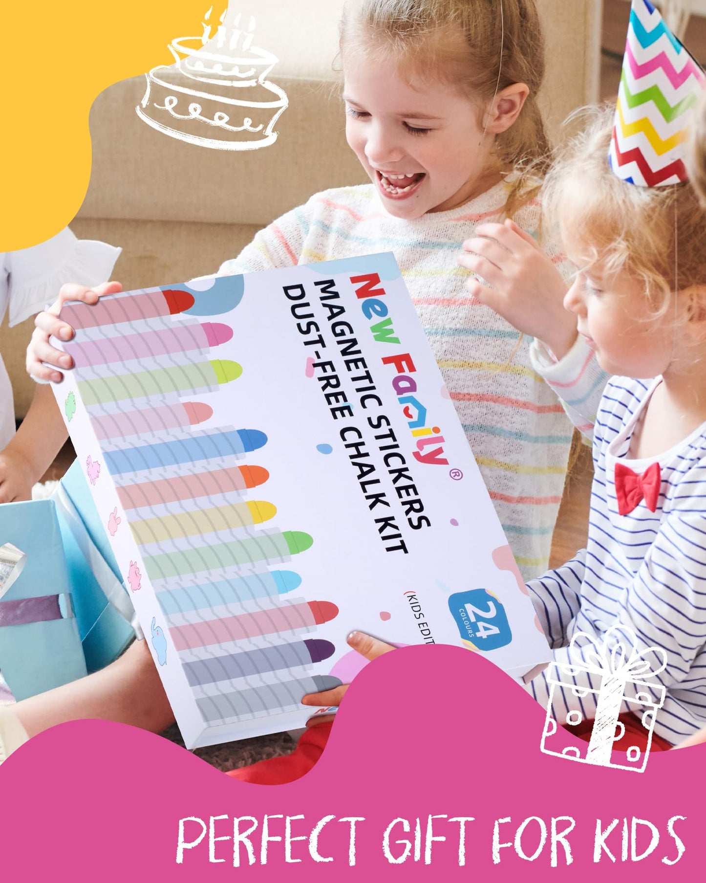 NewFamily Kids Art Chalk Set – 24-Color Dustless Chalk & Magnetic Drawing Board