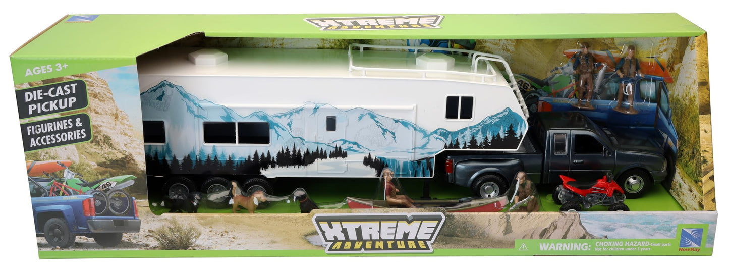 NewRay Die Cast Pick Up Truck with Camper Trailer and Accessories | Realistic Play Set