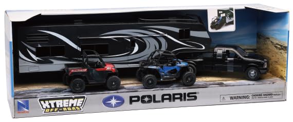 NewRay Die-Cast Pickup Truck with Toy Hauler and Two Polaris Vehicles – RZR & Ranger