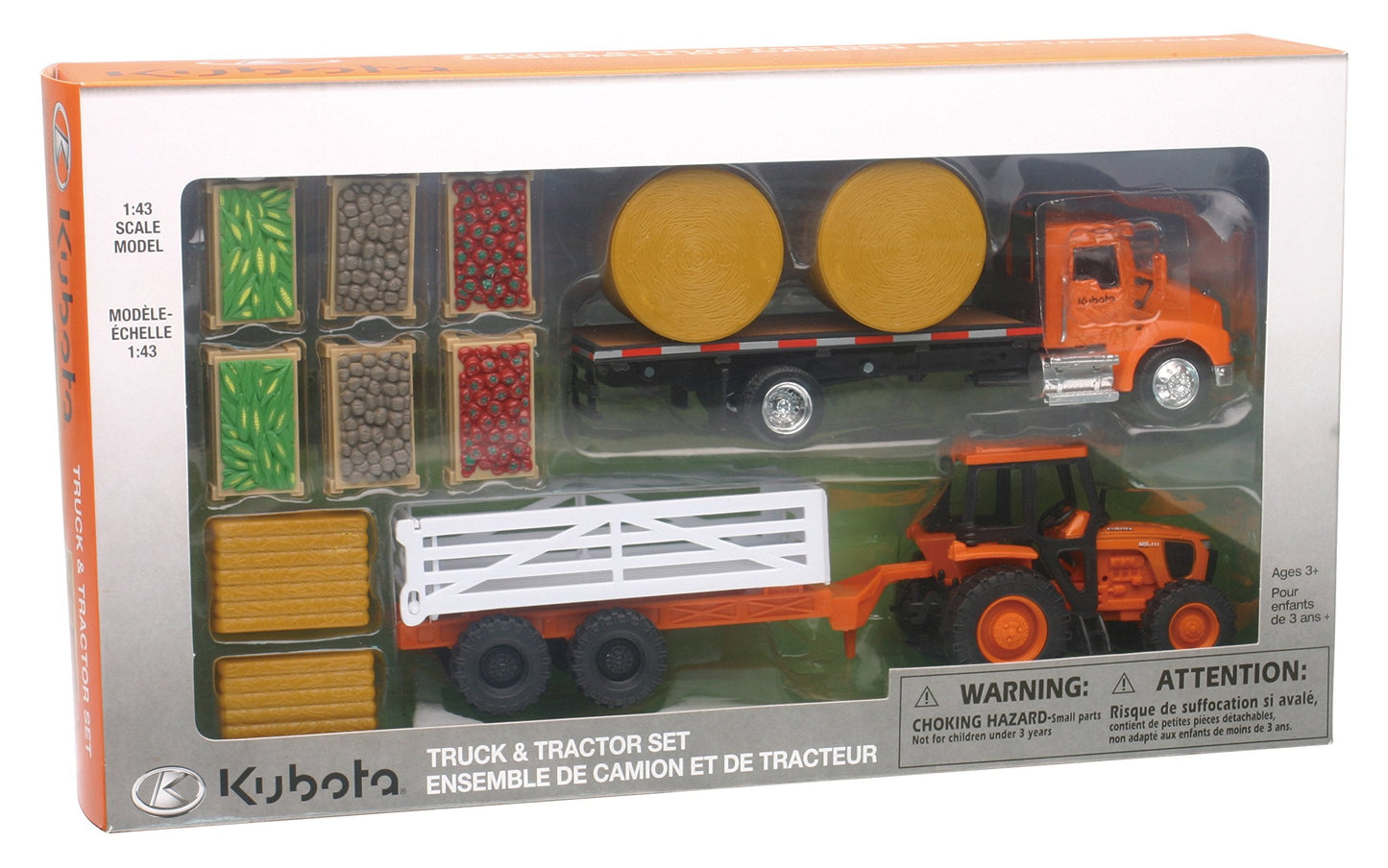 NewRay Kubota Farm Playset – 1/43 Scale Tractor, Truck & Trailer with Bales and Crates