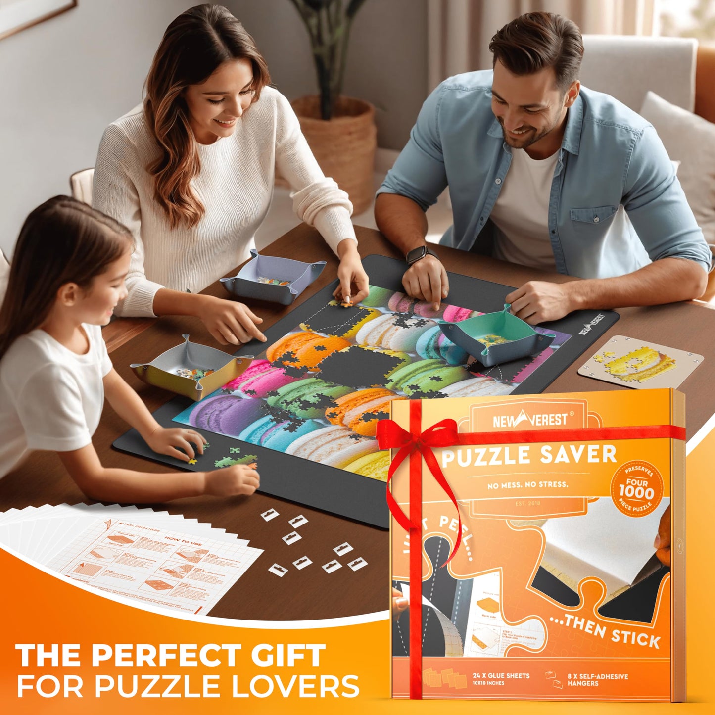 Newverest 24-Pack Puzzle Glue Sheets 10×10″ – Preserve & Display 4×1000-Piece Puzzles with Peel & Stick Saver & 8 Adhesive Hangers