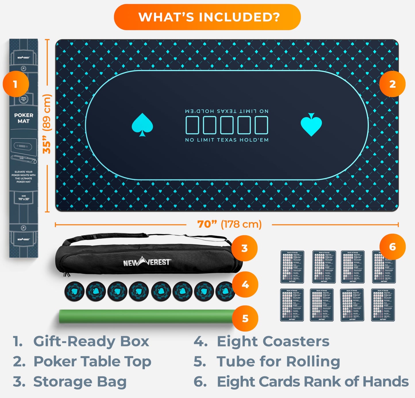 Newverest Poker Table Top 70x35 | Texas Hold'em Mat for Home Games up to 10 Players | Zipper Storage Bag + 8 Coasters