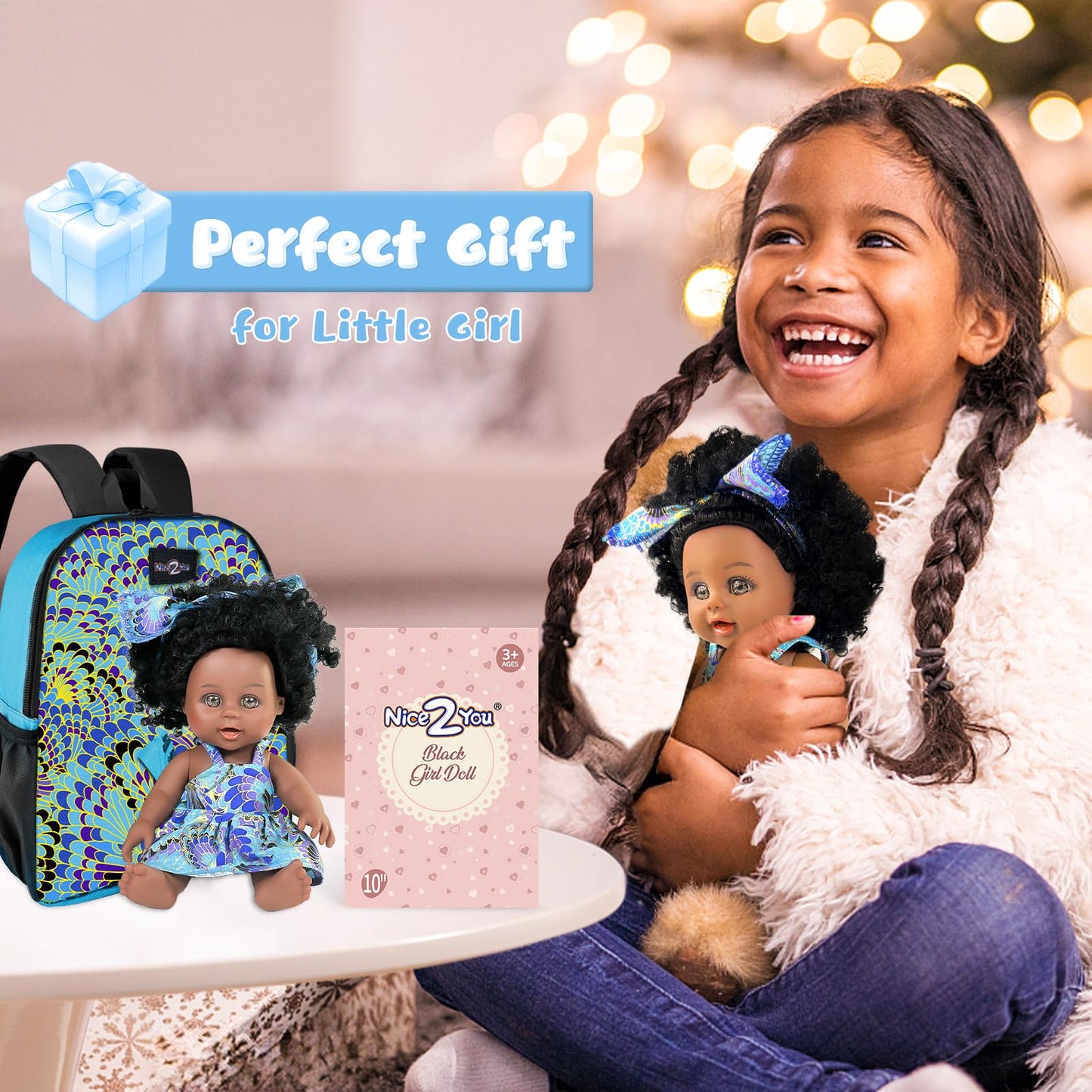 Nice2you Black Baby Doll with Backpack Carrier - 10in for Ages 2+