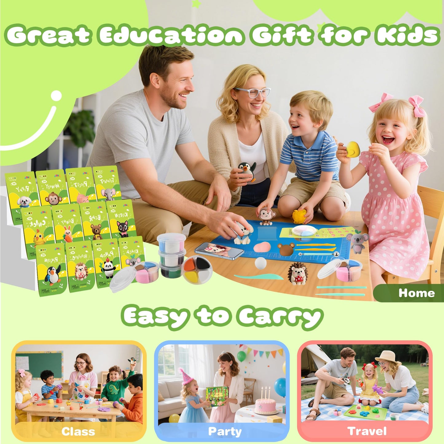 Nicella Air Dry Clay Kit — 12 Animals, Tutorials, Safe & Non-Toxic