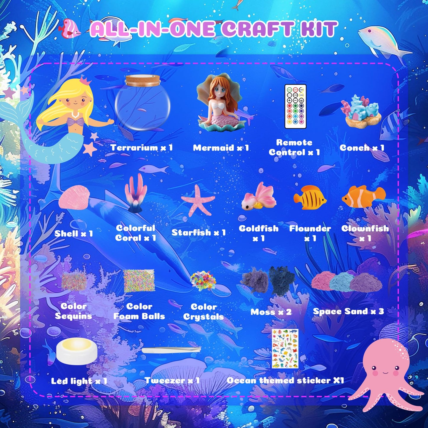 Nicella Mermaid Terrarium Crafts Kit for Kids – LED Night Light with Remote