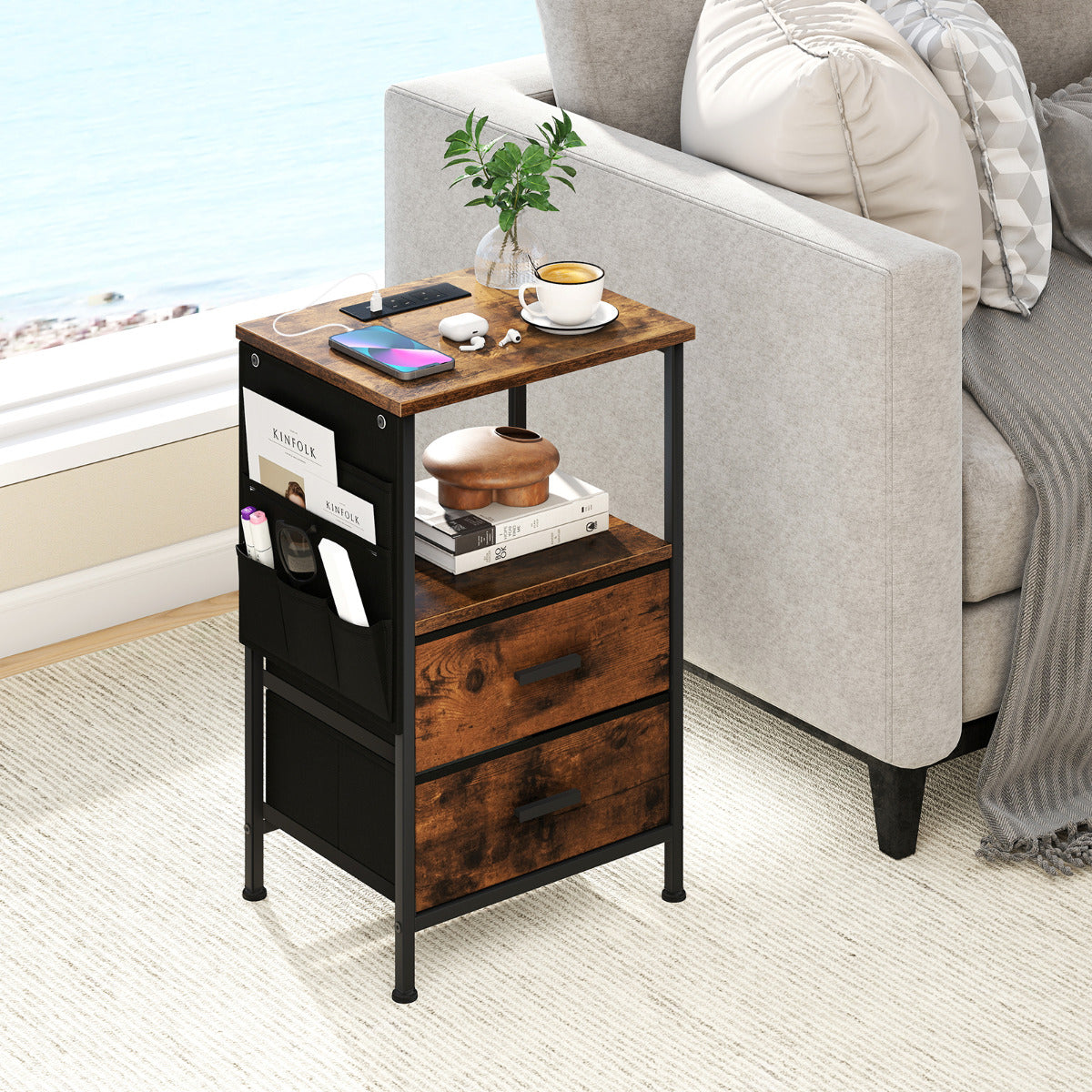 Nightstand with Charging Station and Folding Fabric Drawers-Rustic Brown