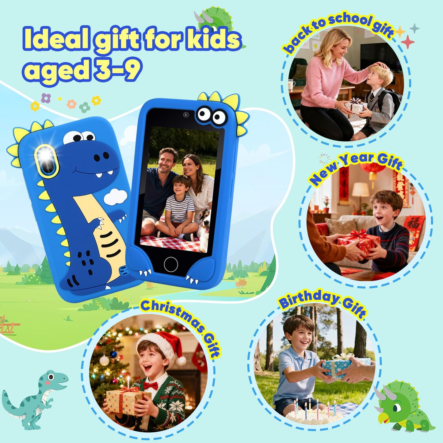 NINE CUBE Kids Cell Phone Toy – 3.97-inch Screen, 200+ STEM Games, Dual Cameras