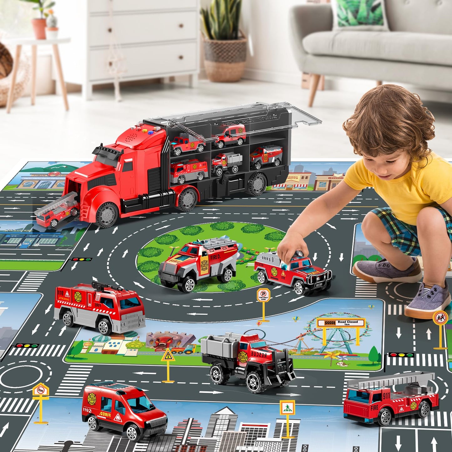 NIPLOOOW Fire Trucks Toy Set with Play Mat – Realistic Carrier Truck & 7 Vehicles for Kids 3-9
