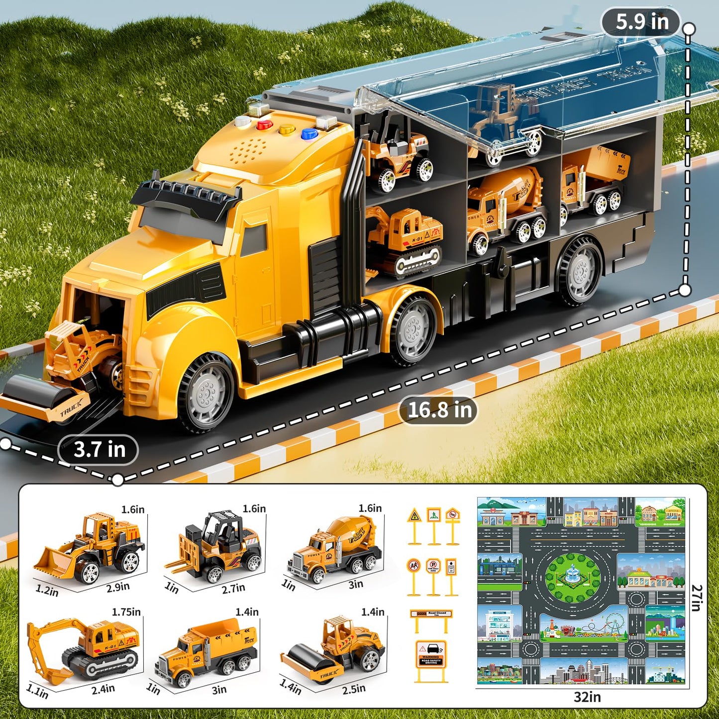 NIPLOOOW Construction Trucks Toy Set with Play Mat – Carrier Truck & Realistic Lights