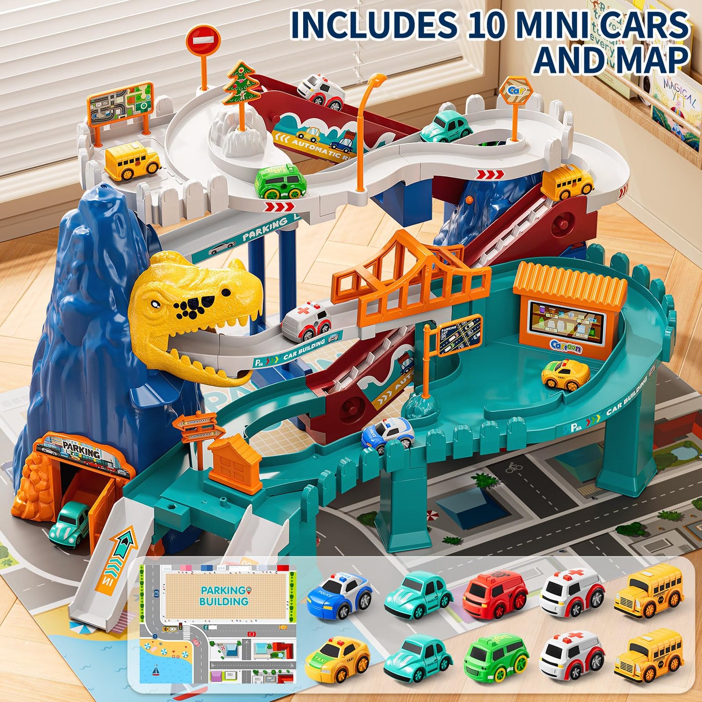 NIPLOOOW Dinosaur Race Track Playset – 10 Mini Cars, Indoor/Outdoor Fun for Kids 3–8