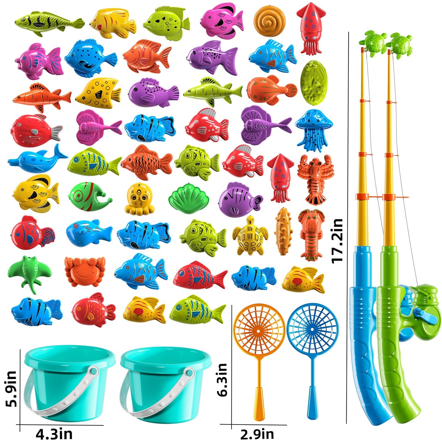 NIPLOOOW Magnetic Fishing Game – 51 Sea Animals, 2 Rods & 2 Nets, Pool Toy for Kids Aged 3-8