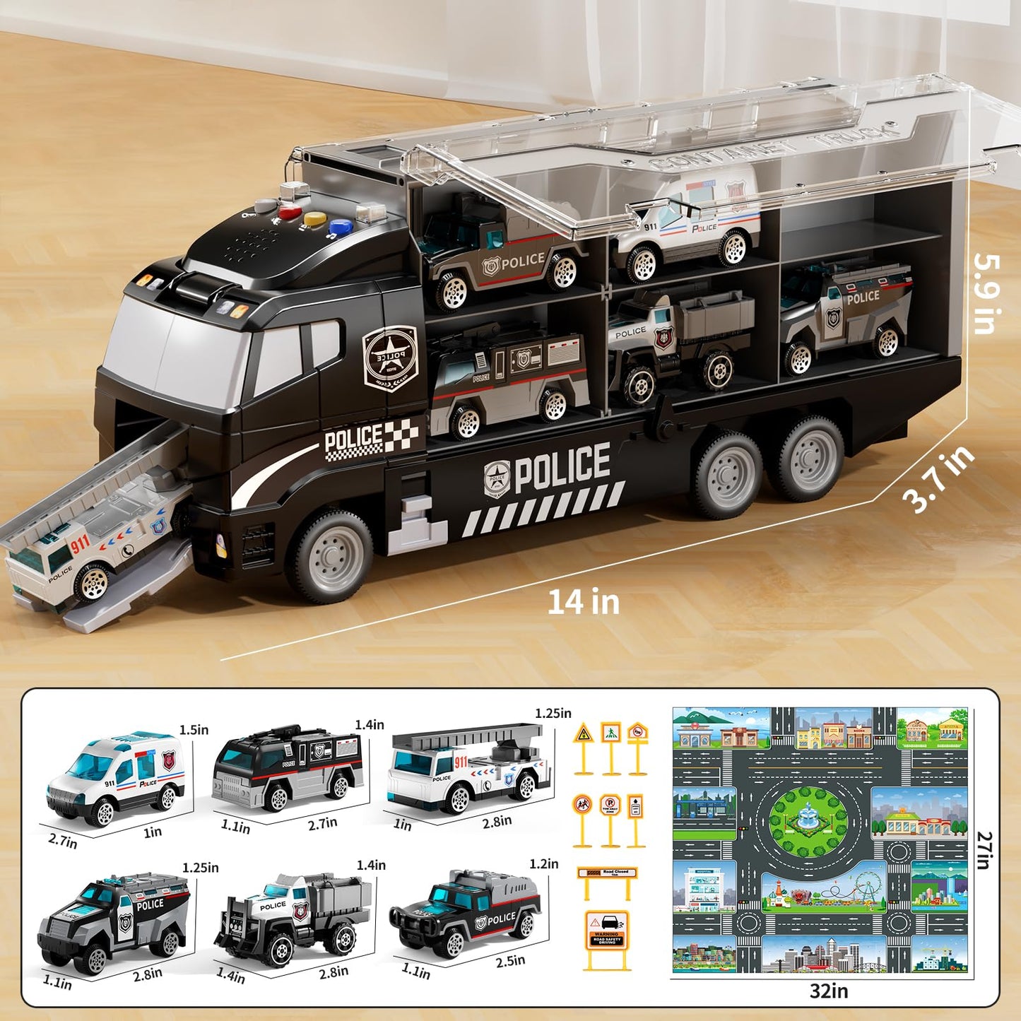 NIPLOOOW Police Truck Toy Set with Play Mat – Die-Cast Cars for 3–8 Year Olds