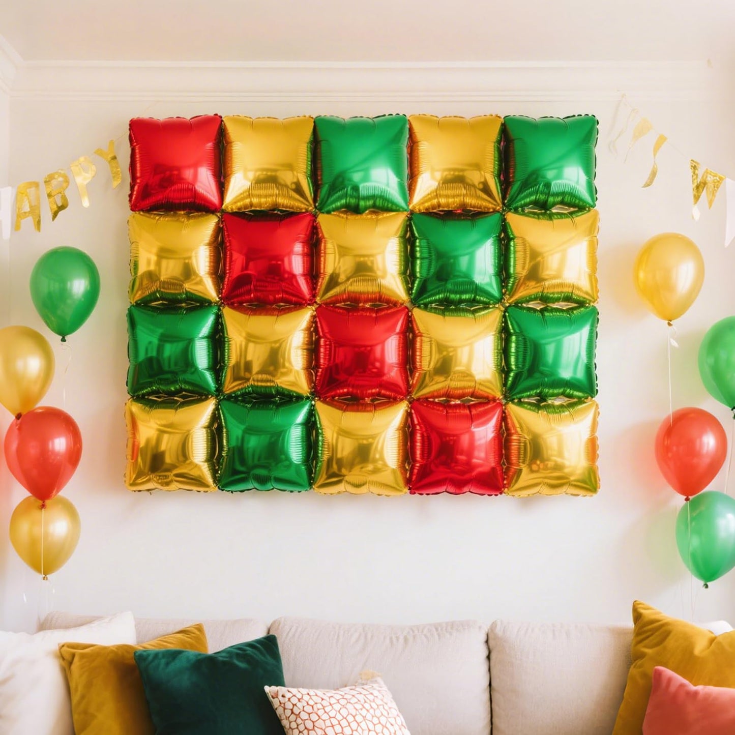 NISOCY 36Pcs Red Green Gold Square Foil Balloons Wall Backdrop Arch Kit – Double-Sided Party Decor