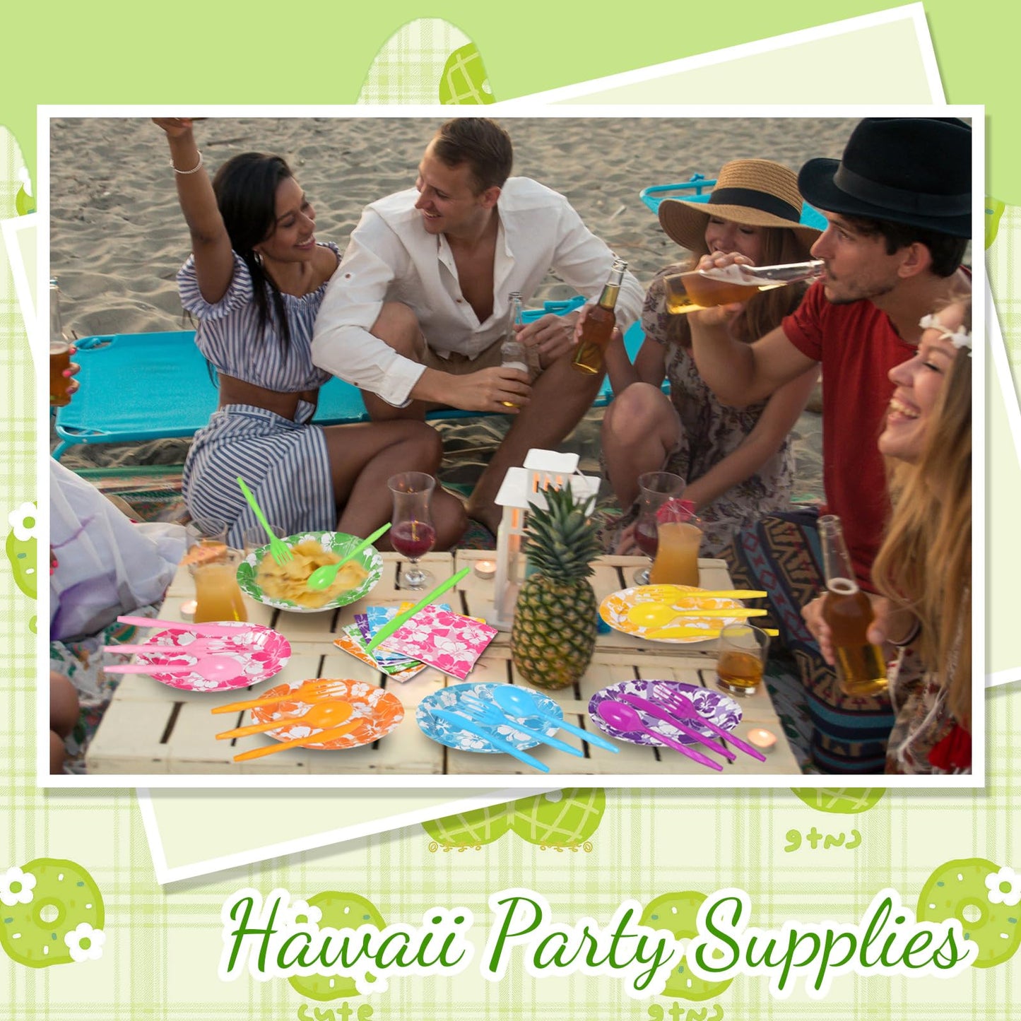 Ninitial 240 Pcs Hibiscus Party Plates & Utensils Set for Luau & Tropical Parties – Serves 48 Guests
