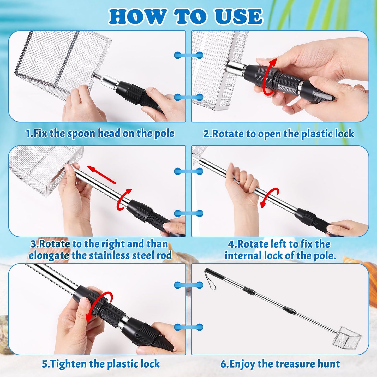 Niuyhe 4-Pack Shark Tooth Sifter & Shell Scoop for Beach — Retractable Long-Handle, Mesh Bags